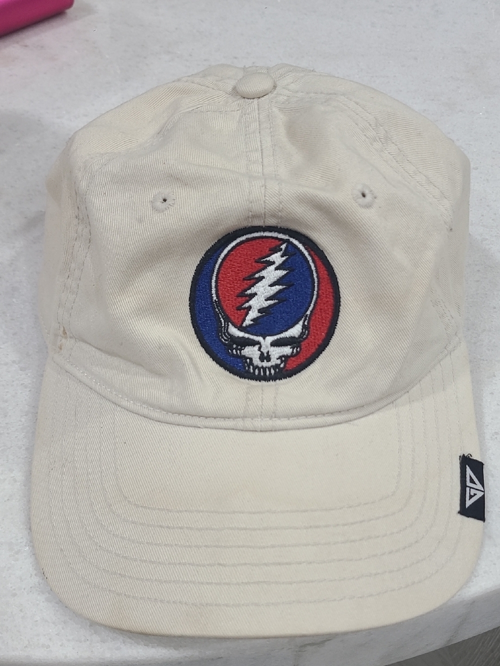 Grateful Dead Cream Hat with Red and Blue Steal Your Face Patch